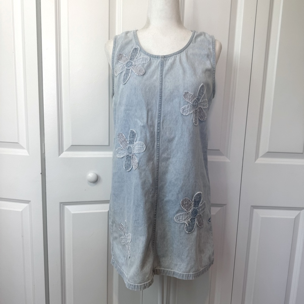 100% Cotton Vintage 90s Light Denim Mini Spring Summer Dress Floral Cottagecore